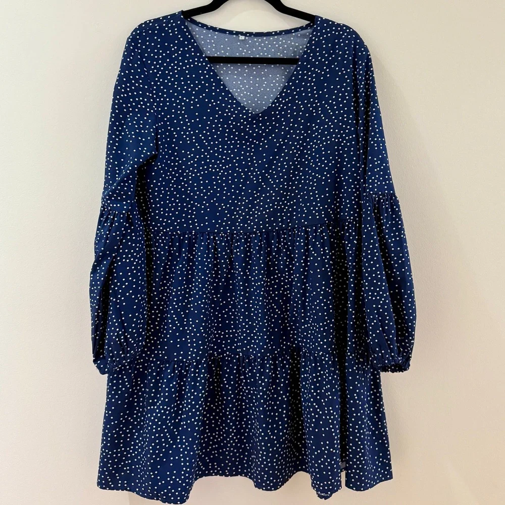 Navy Polka-dot Layered Ruffle Swing Shift Dresses - Picture 3 of 12